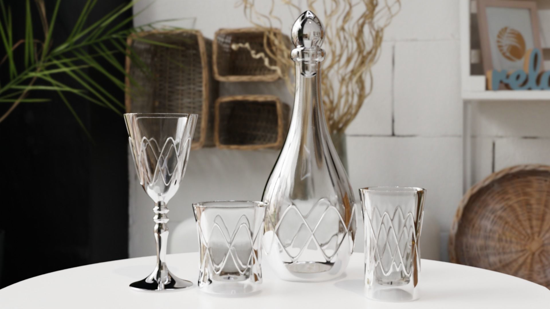 Glass Set silver decanter and glasses on table 3D model_2
