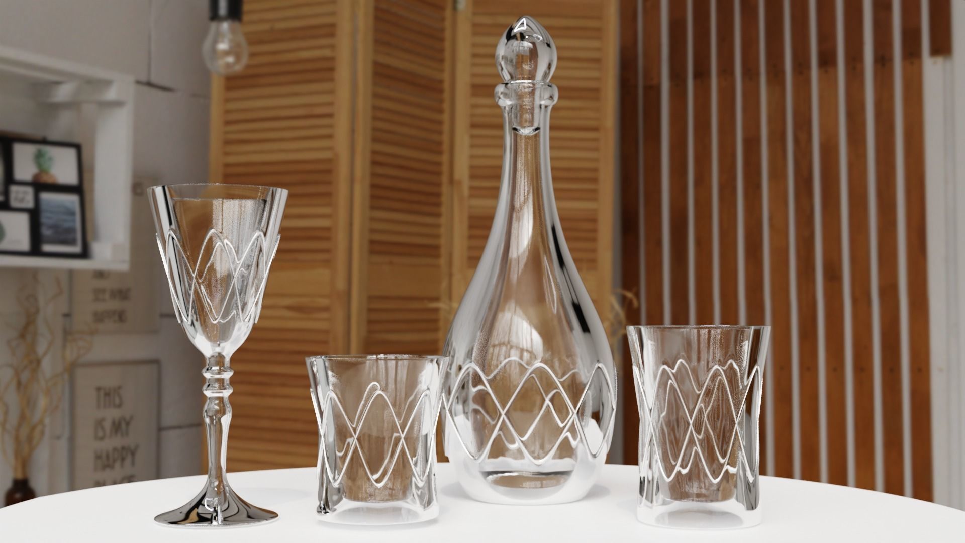 Glass Set silver decanter and glasses on table 3D model_1