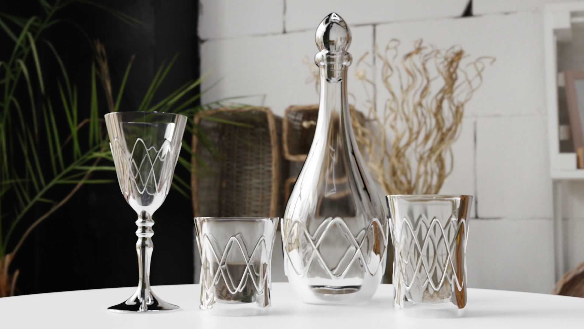 Glass Set silver decanter and glasses on table 3D model_4