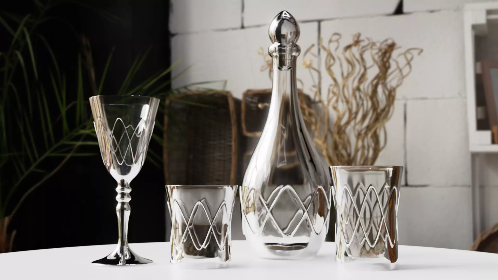 Glass Set silver decanter and glasses on table 3D model_0