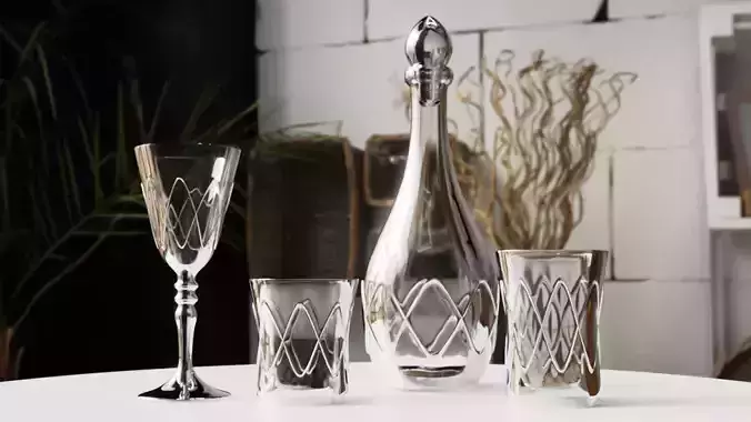 Glass Set silver decanter and glasses on table
