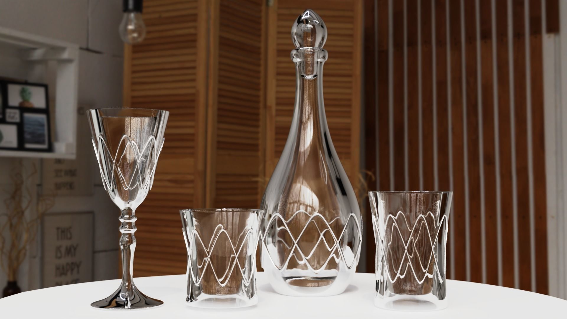 Glass Set silver decanter and glasses on table 3D model_6