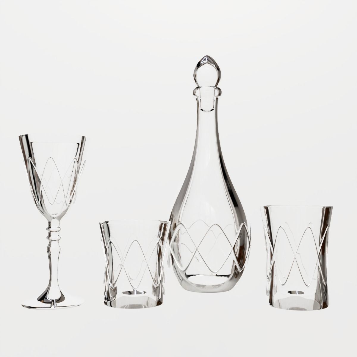 Glass Set silver decanter and glasses on table 3D model_3
