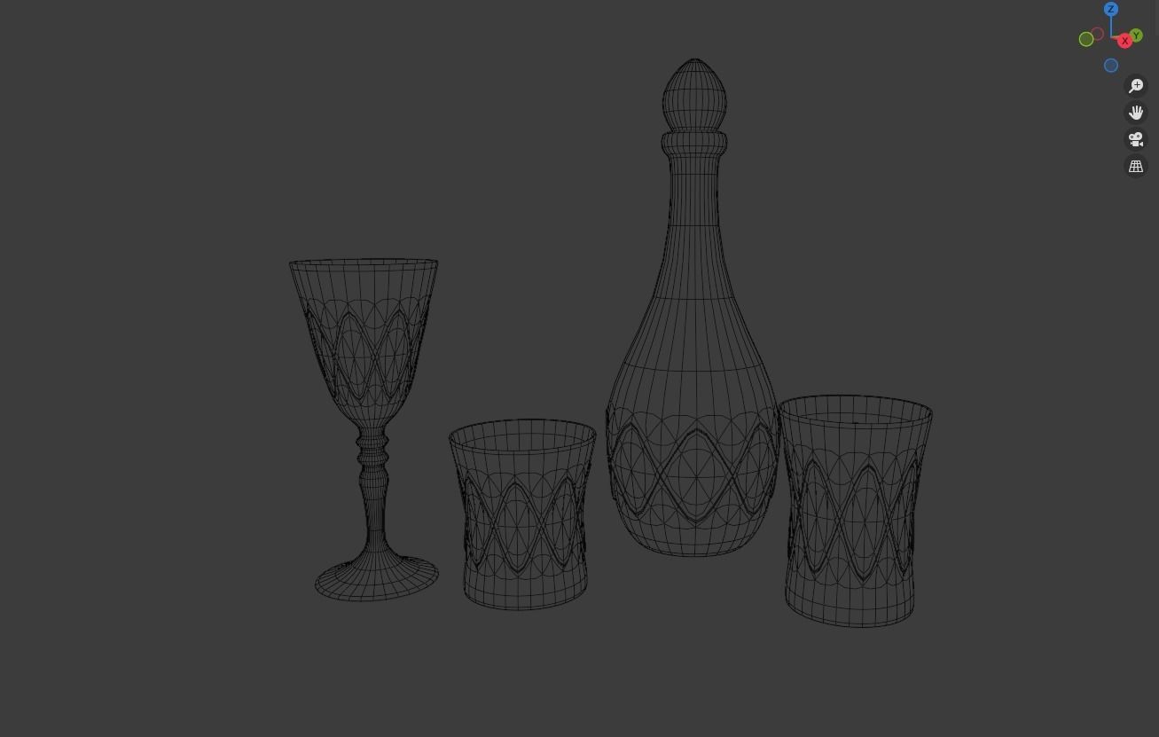 Glass Set silver decanter and glasses on table 3D model_7