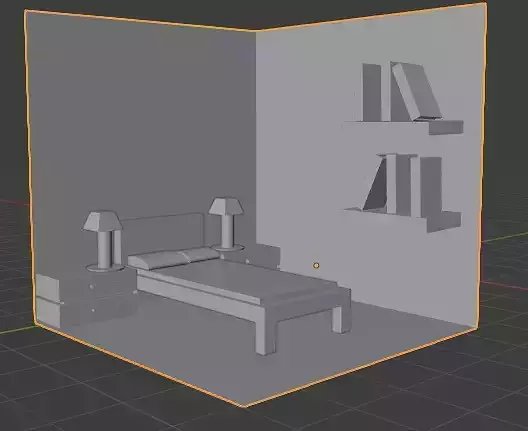 Bedroom room with bed and bookshelf