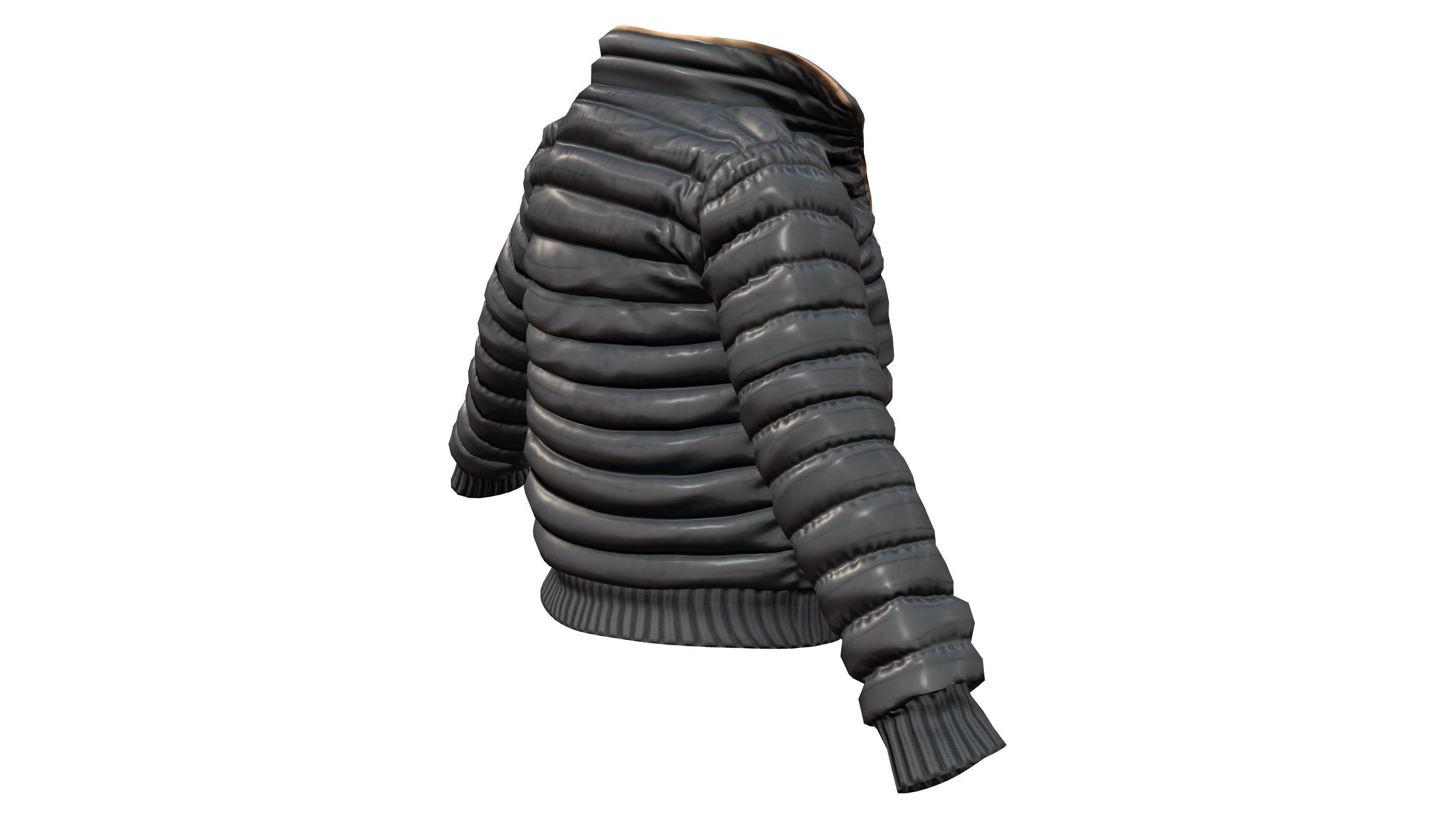 Open Front Shiny Black Padded Jacket Low-poly 3D model_5
