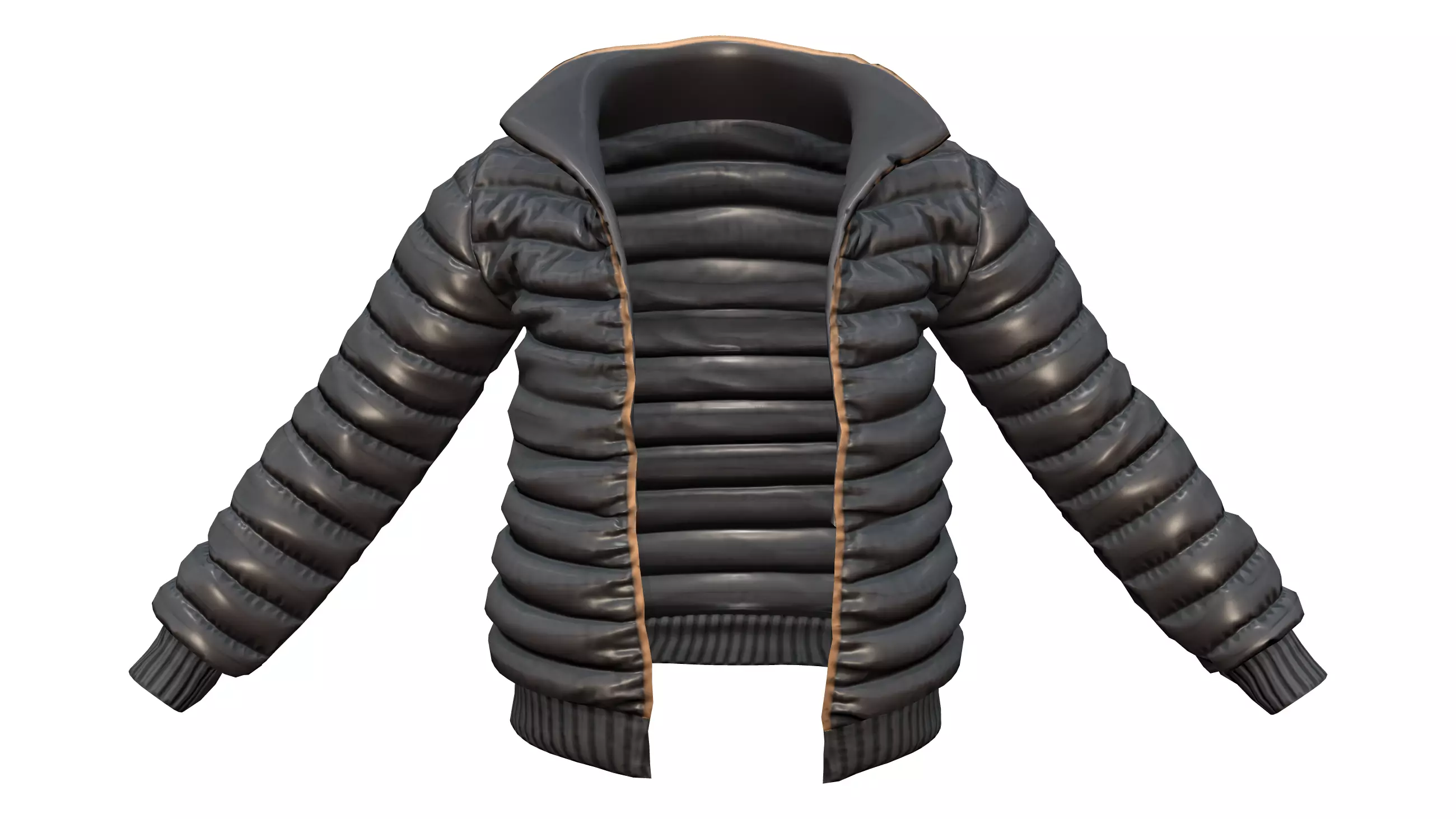 Open Front Shiny Black Padded Jacket Low-poly 3D model_0