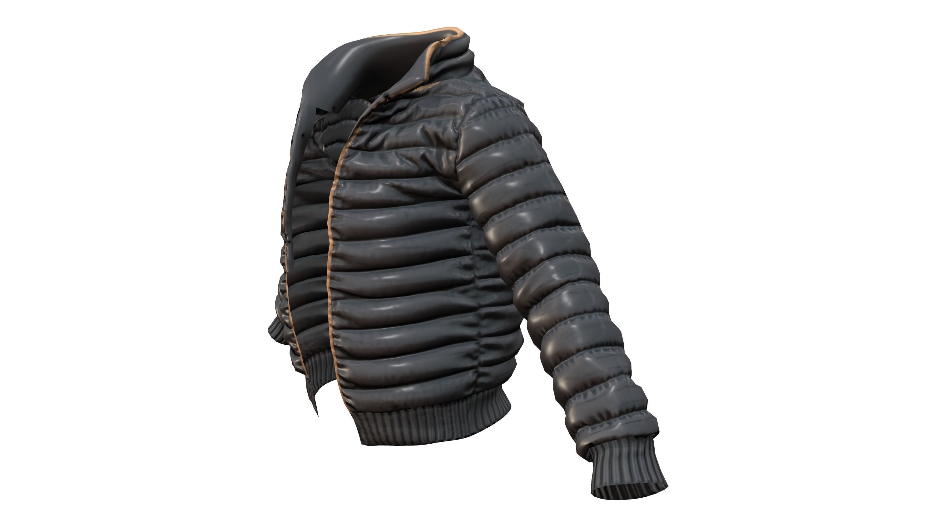 Open Front Shiny Black Padded Jacket Low-poly 3D model_2