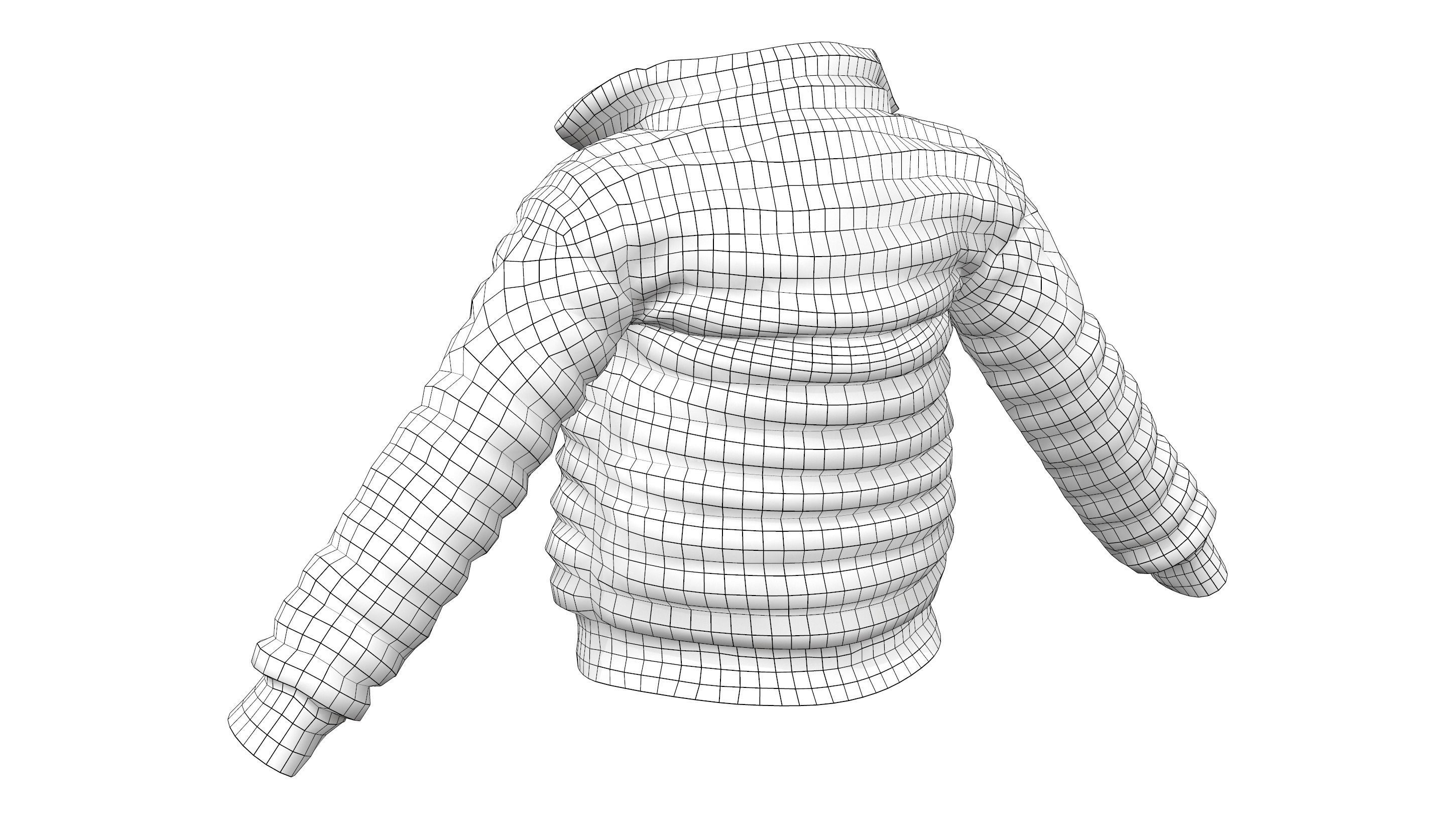 Open Front Shiny Black Padded Jacket Low-poly 3D model_7