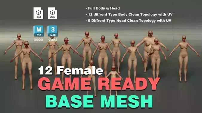  12 Type Female BaseMesh Game Ready Clean Topology With UV