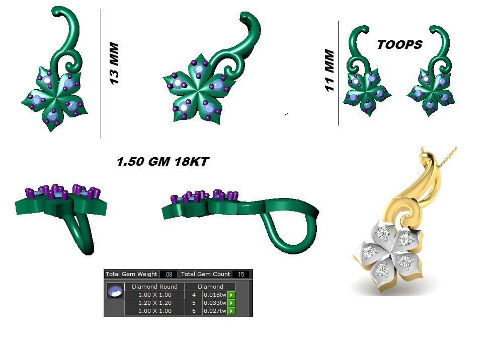 Earrings Pendant Set 3dm STL OBJ FBX Renders Details 3D print model_7