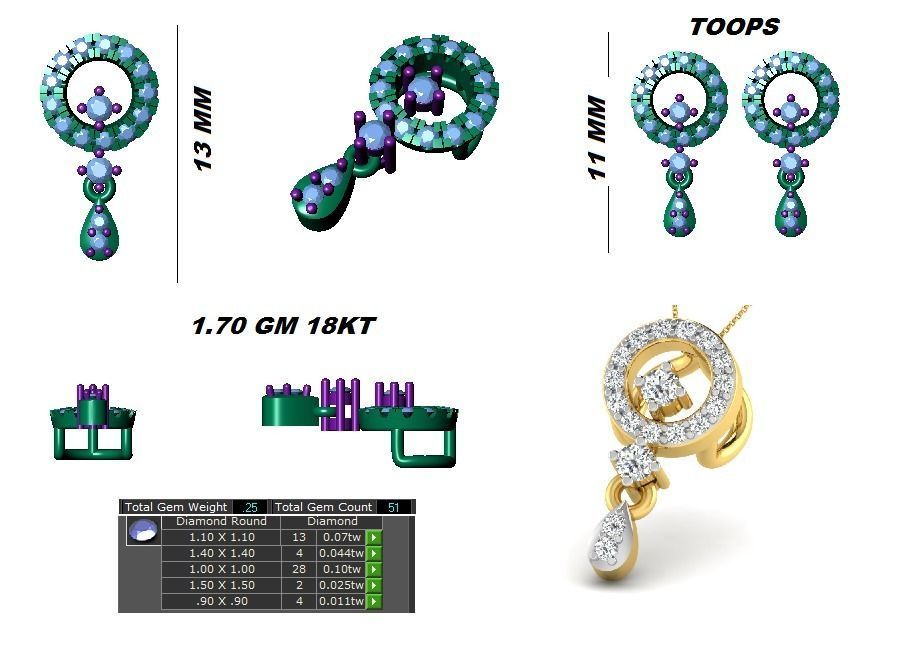 Stud Round Earrings Pendant Set 3dm STL OBJ FBX Renders Details 3D print model_7