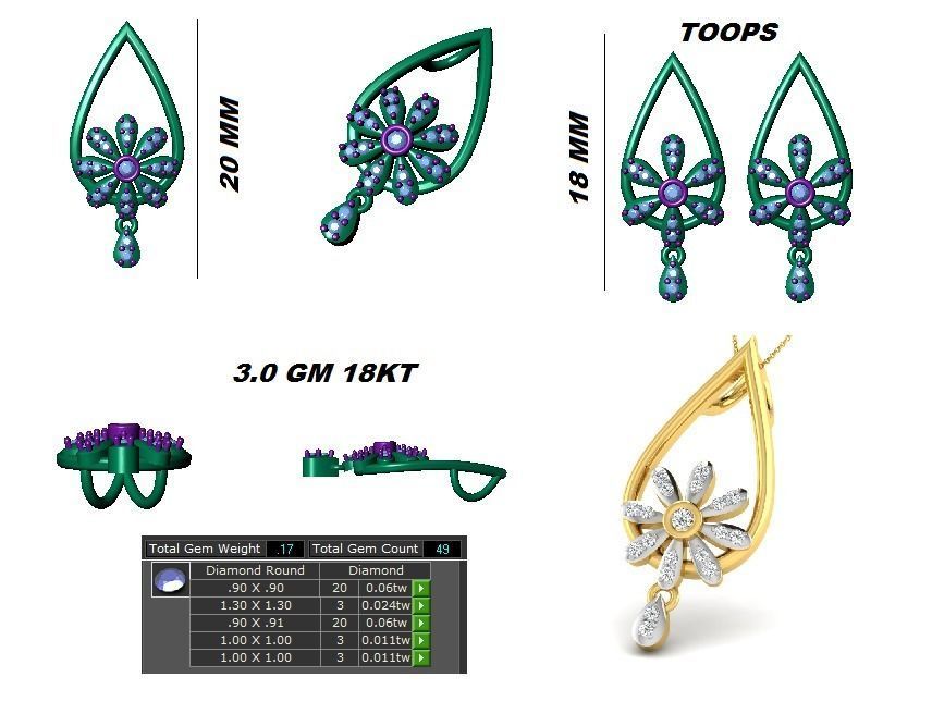 Pear Earrings Pendant Set 3dm STL OBJ FBX Renders Details 3D print model_7