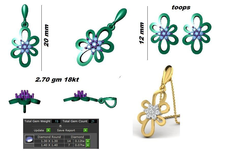 Flower Earrings Pendant Set 3dm STL OBJ FBX Renders Details 3D print model_9