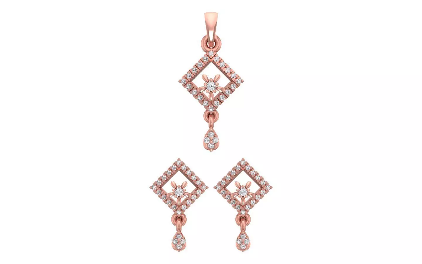 Square Stud Earrings Pendant Set 3dm STL OBJ FBX Renders Details 3D print model_0