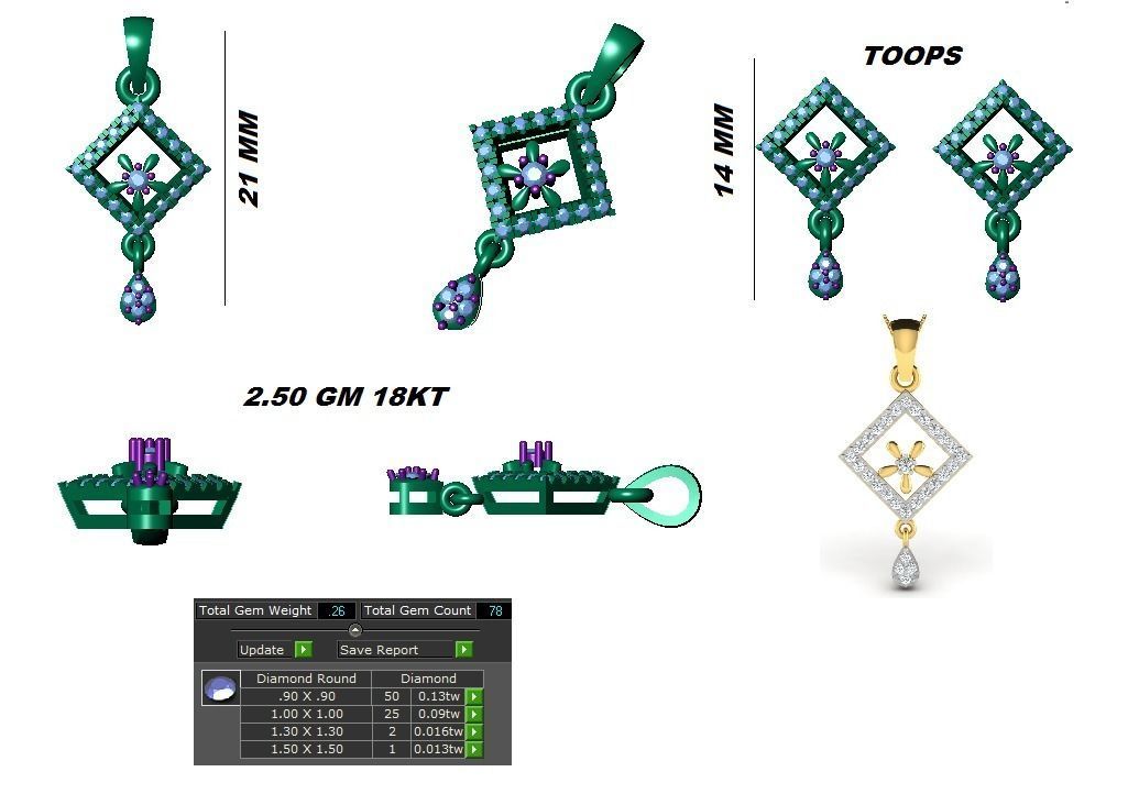 Square Stud Earrings Pendant Set 3dm STL OBJ FBX Renders Details 3D print model_6