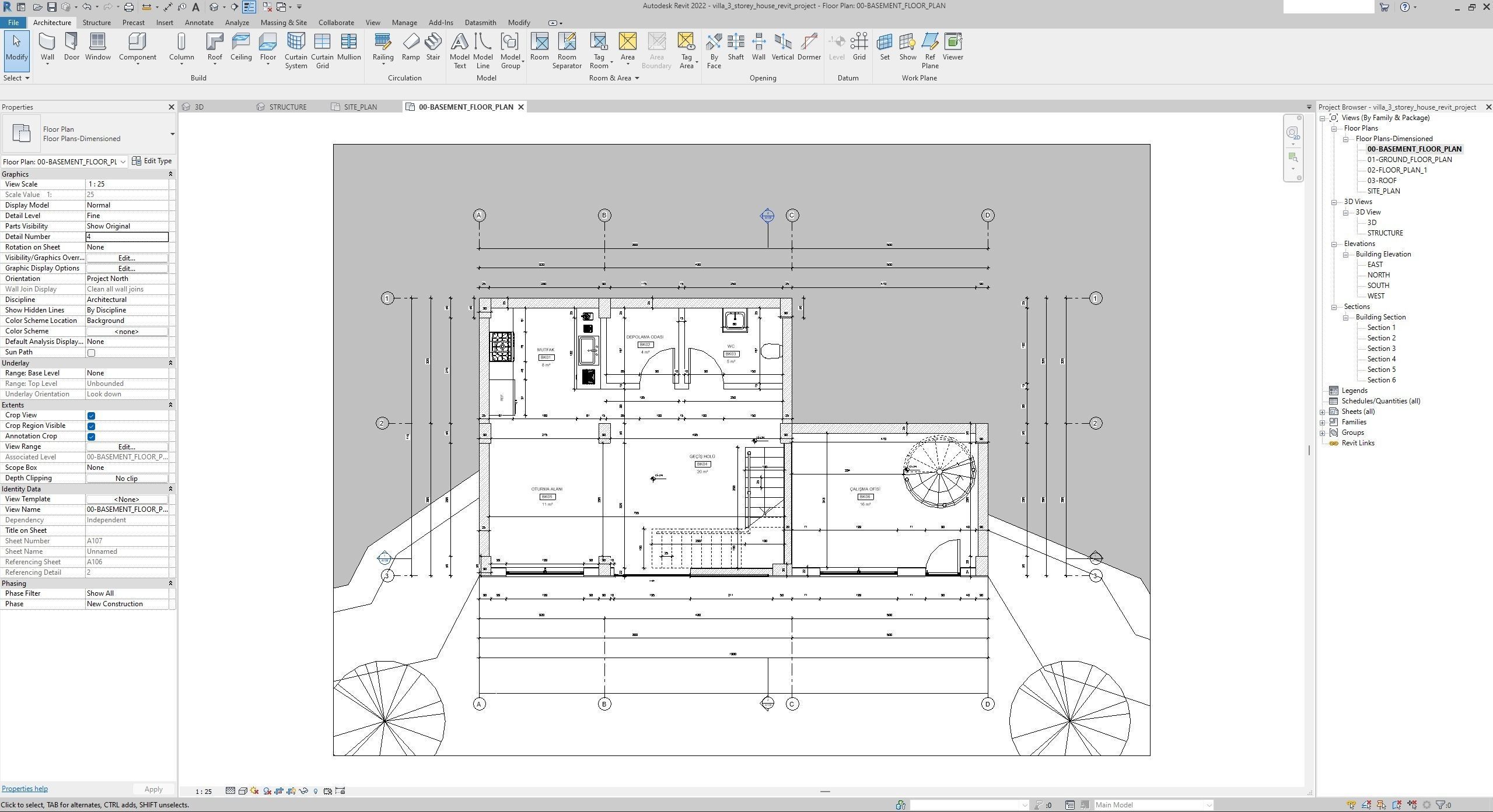House Villa 3-Storey Revit Project 3D model_5