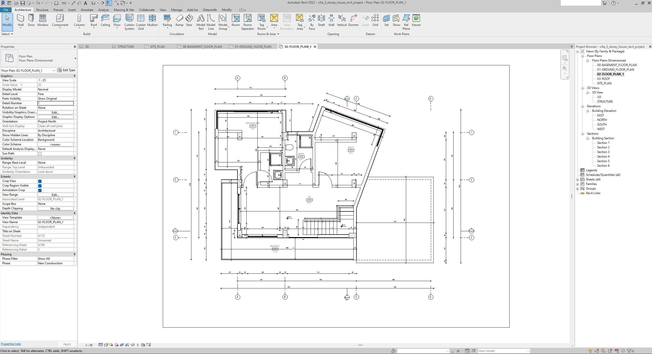 House Villa 3-Storey Revit Project 3D model_7