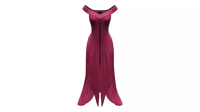 Burgundy Off Shoulder Willow Skirt Long Gown Dress Low-poly 3D model