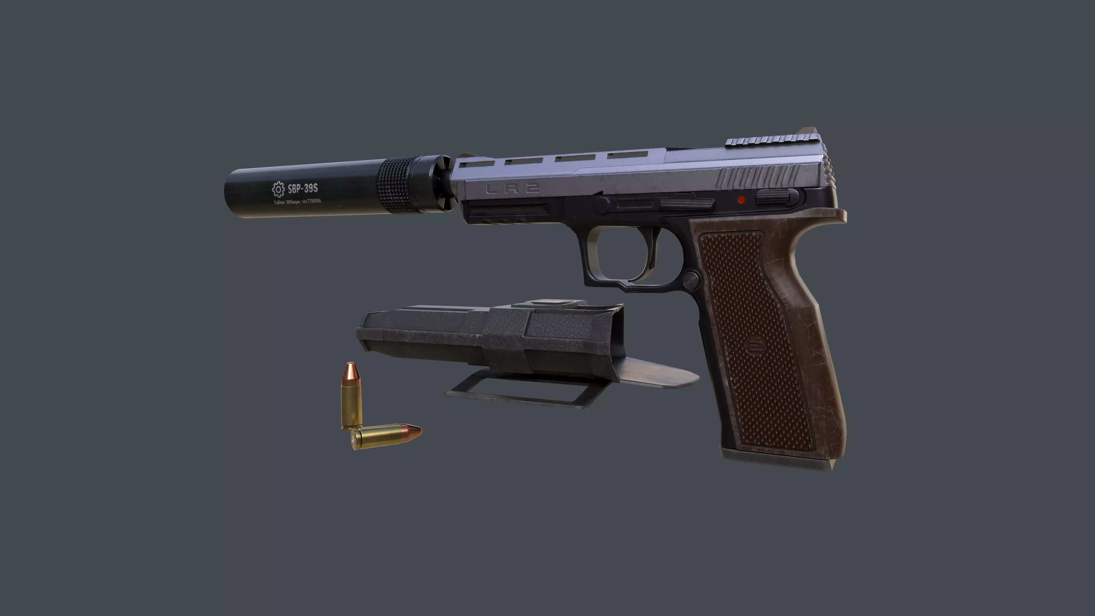 Pistol LR2 with Silencer and Holster Low-poly 3D model_0