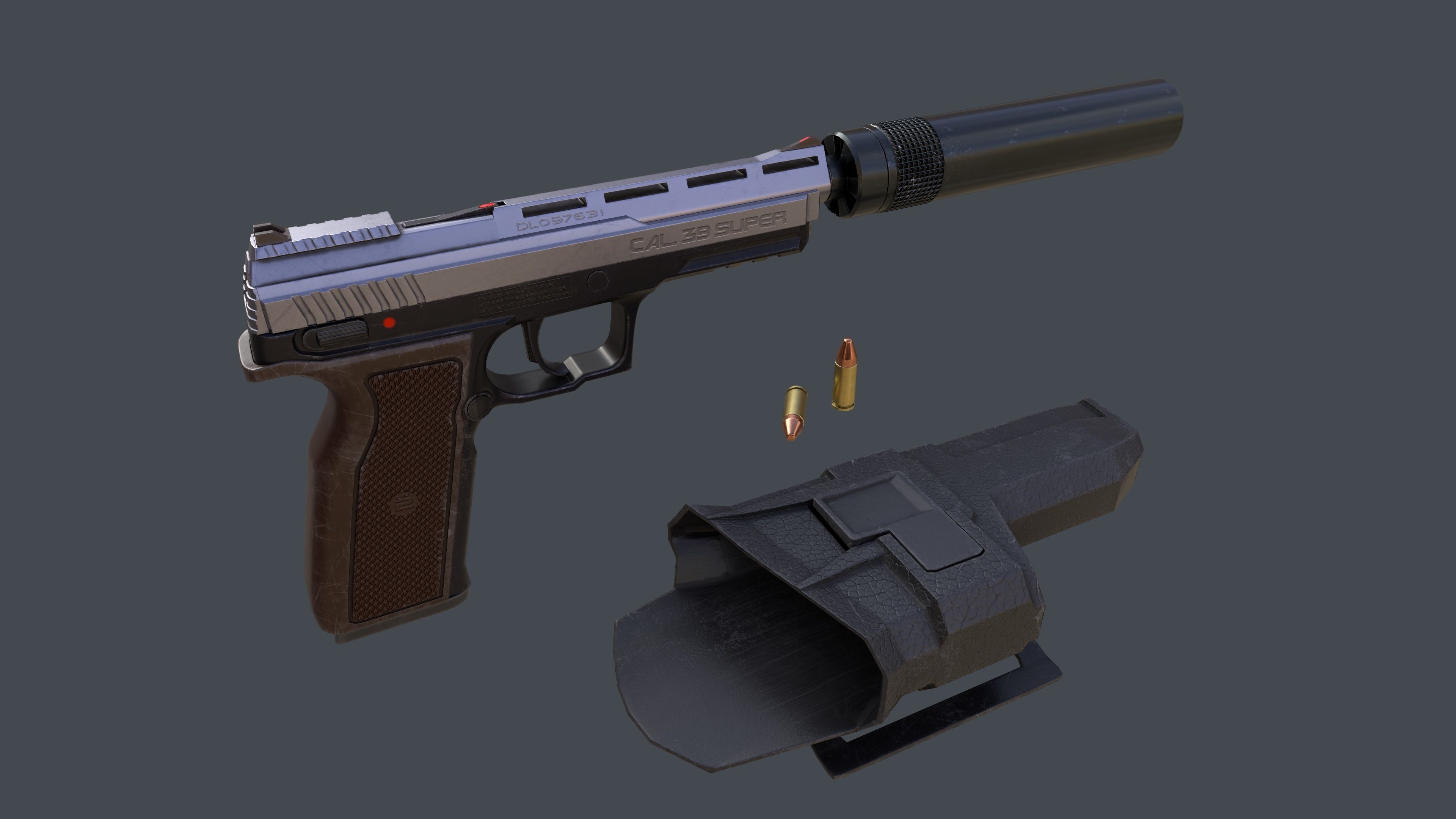 Pistol LR2 with Silencer and Holster Low-poly 3D model_7