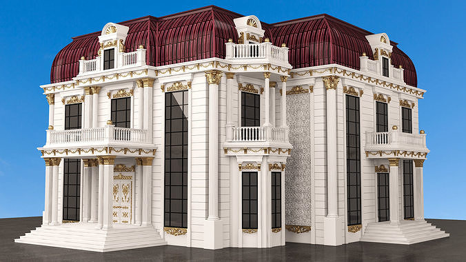 Classic Mansion Villa 01 White and Gold Low-poly 3D model