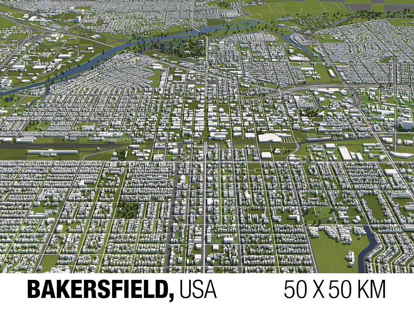 Bakersfield 50x50km City Map Model 3D model_0
