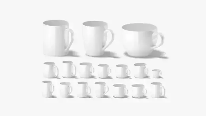 18 Ceramic Mugs Shapes - white cups different forms and sizes Low-poly 3D model
