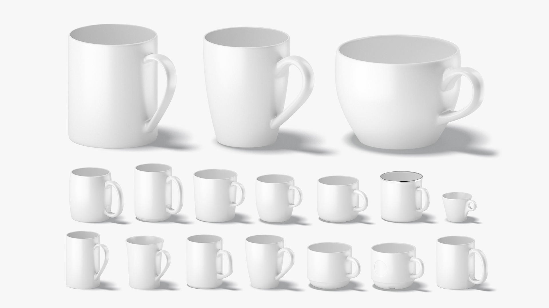 18 Ceramic Mugs Shapes - white cups different forms and sizes Low-poly 3D model_1