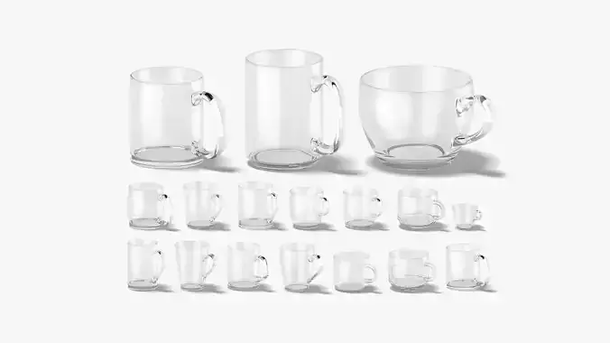 18 Glass Mug Shapes - transparent cups different forms and sizes