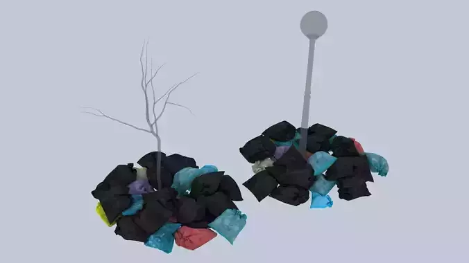 Garbage Bags Pile Around streetlight 3D model