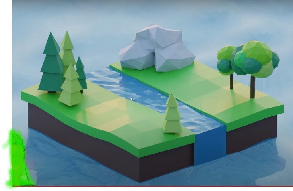 LOWPOLY OCEAN island with trees and river Low-poly 3D model_3