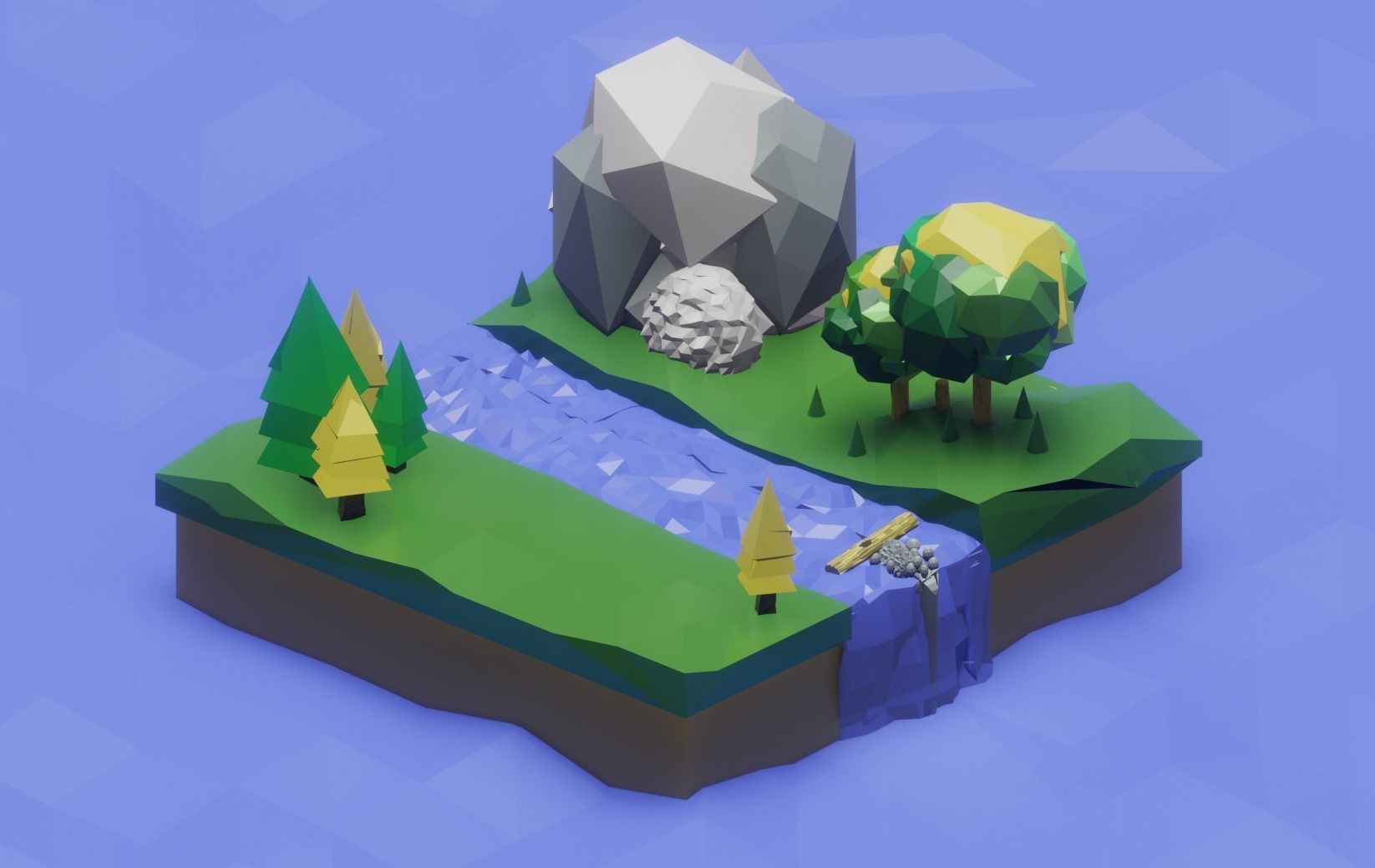 LOWPOLY OCEAN island with trees and river Low-poly 3D model_4