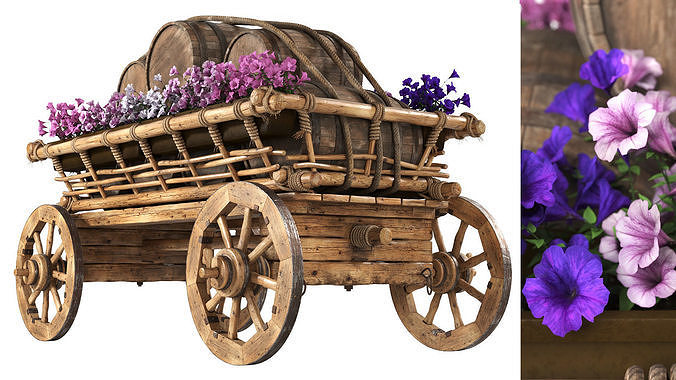 Decorative cart with flowers 3D model