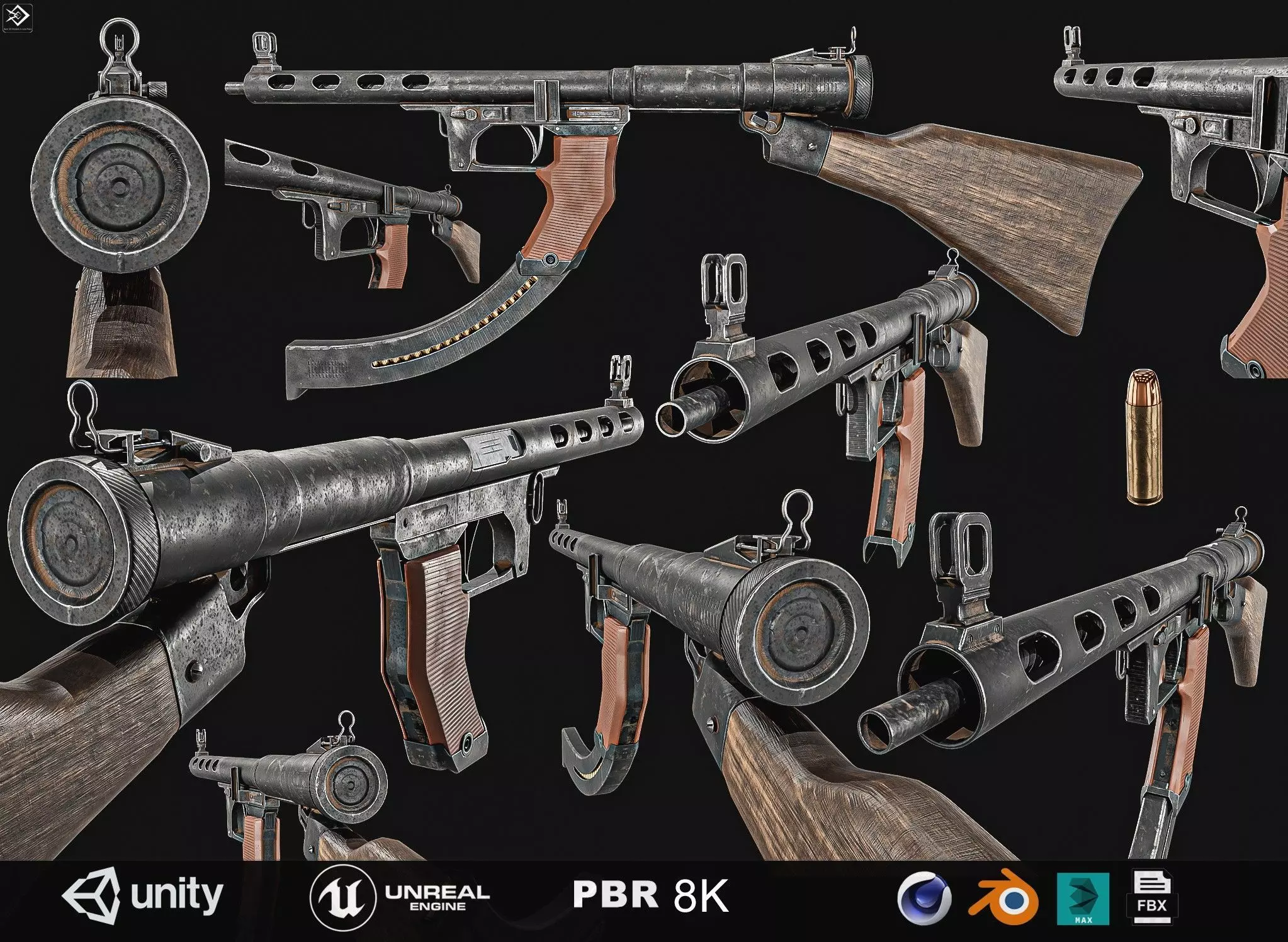 Japanese  Type 1 Nambu Sub Machine Gun  Low-poly 3D model_0