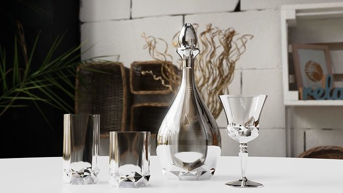 Glass Set of glasses and decanter on table 3D model