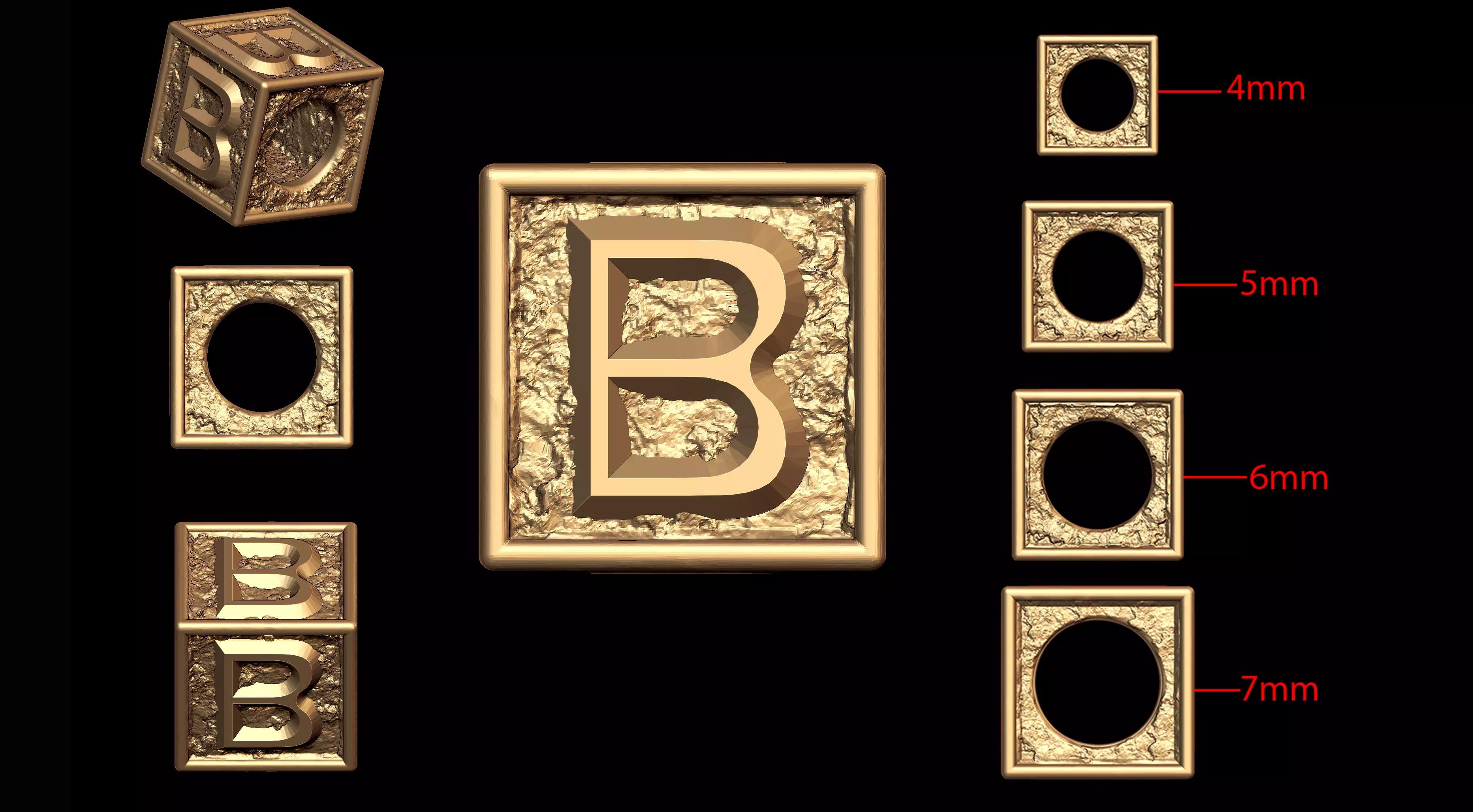 B Letter Nugget Bracelet Bead in 4 sizes 3D print model_0