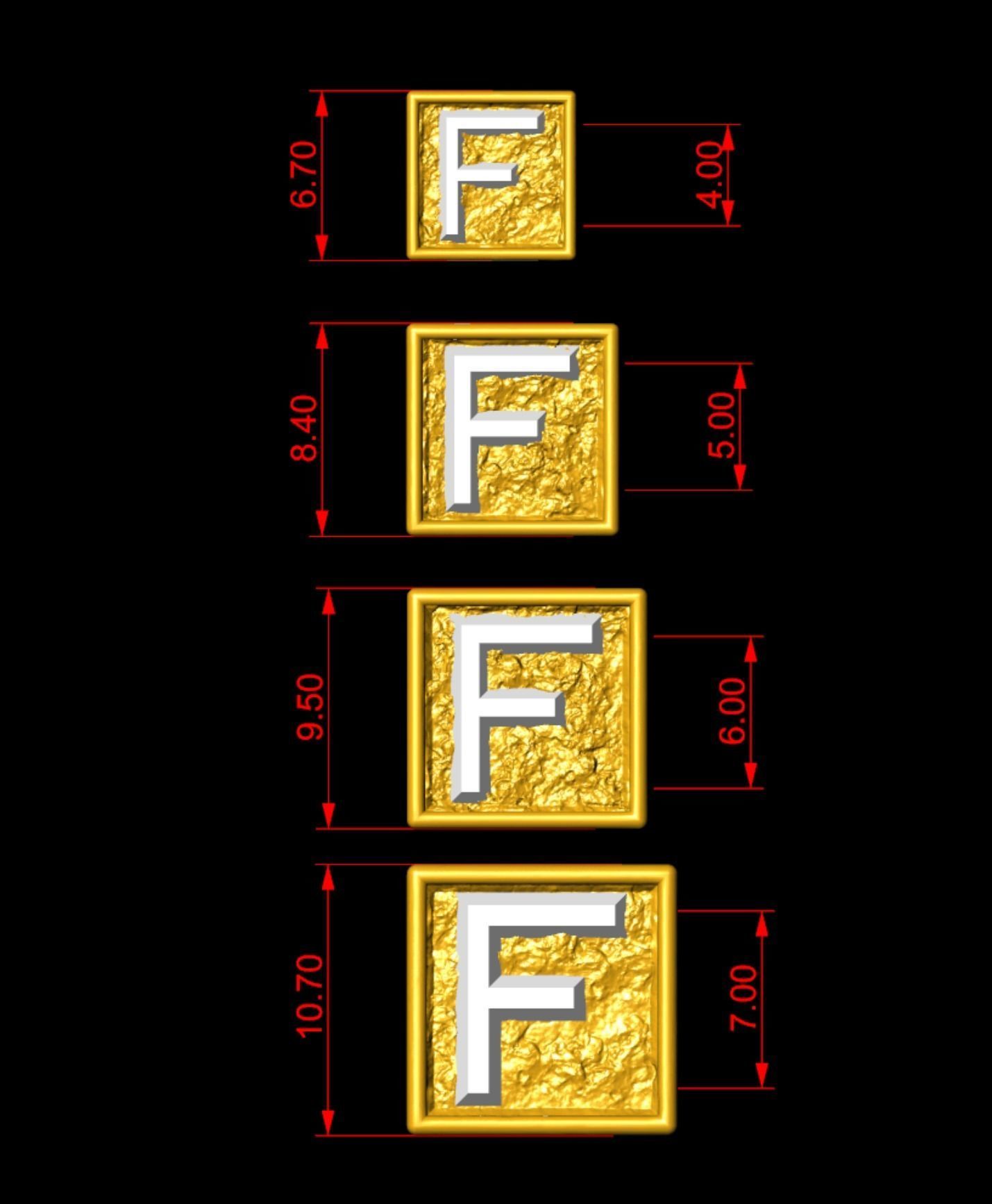 F Letter Nugget Bracelet Bead in 4 sizes 3D print model_3