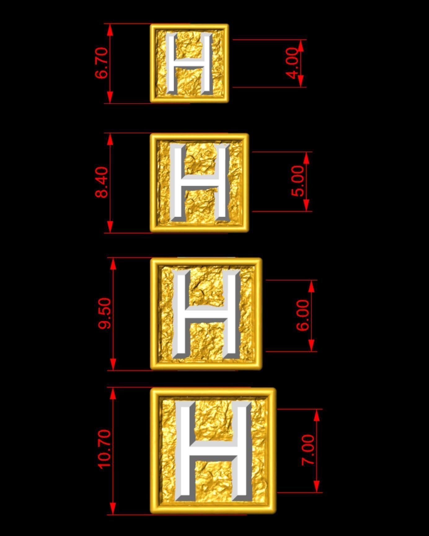 H Letter Nugget Bracelet Bead in 4 sizes 3D print model_3