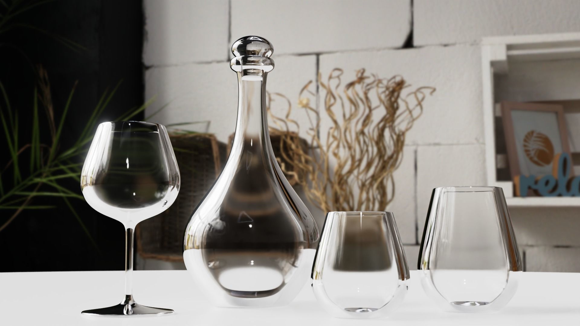 Glass Set wine glasses and decanter on table 3D model_3