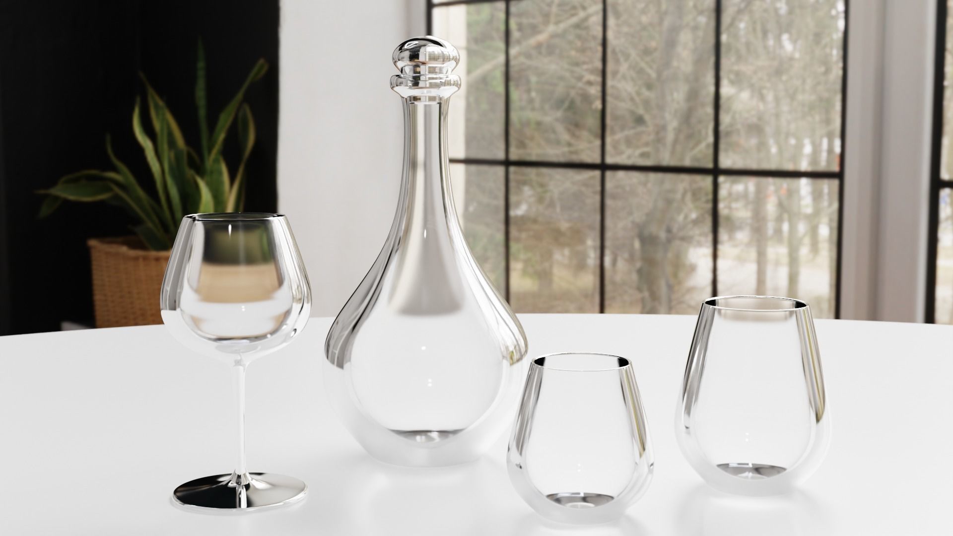 Glass Set wine glasses and decanter on table 3D model_4