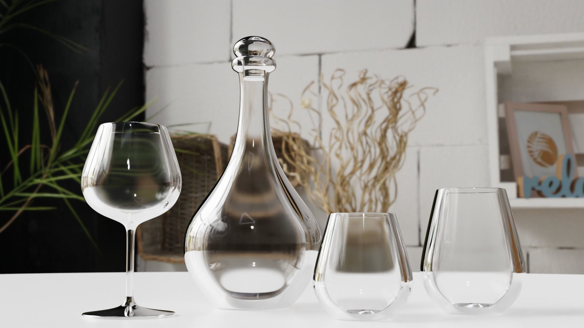 Glass Set wine glasses and decanter on table 3D model_1