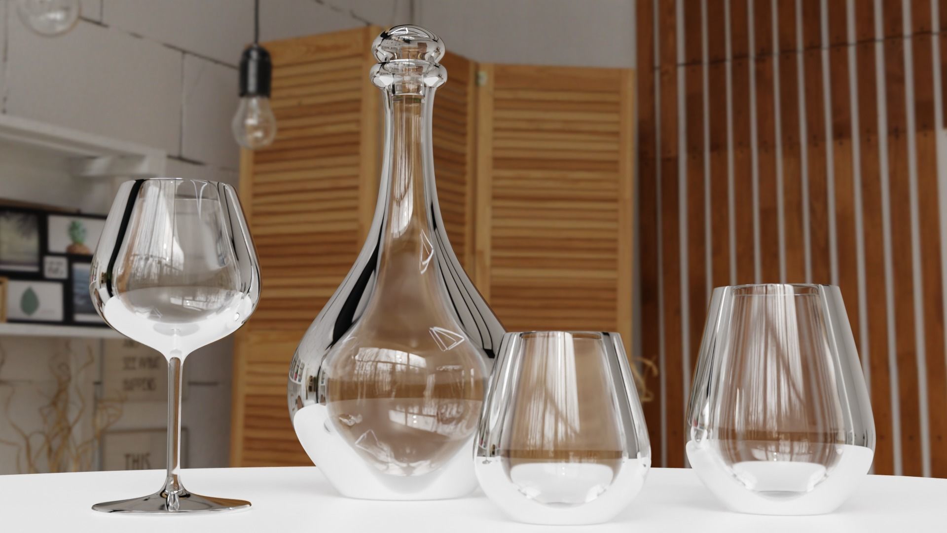Glass Set wine glasses and decanter on table 3D model_5