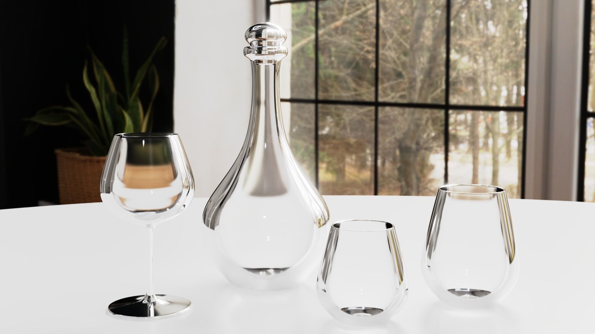 Glass Set wine glasses and decanter on table 3D model_2