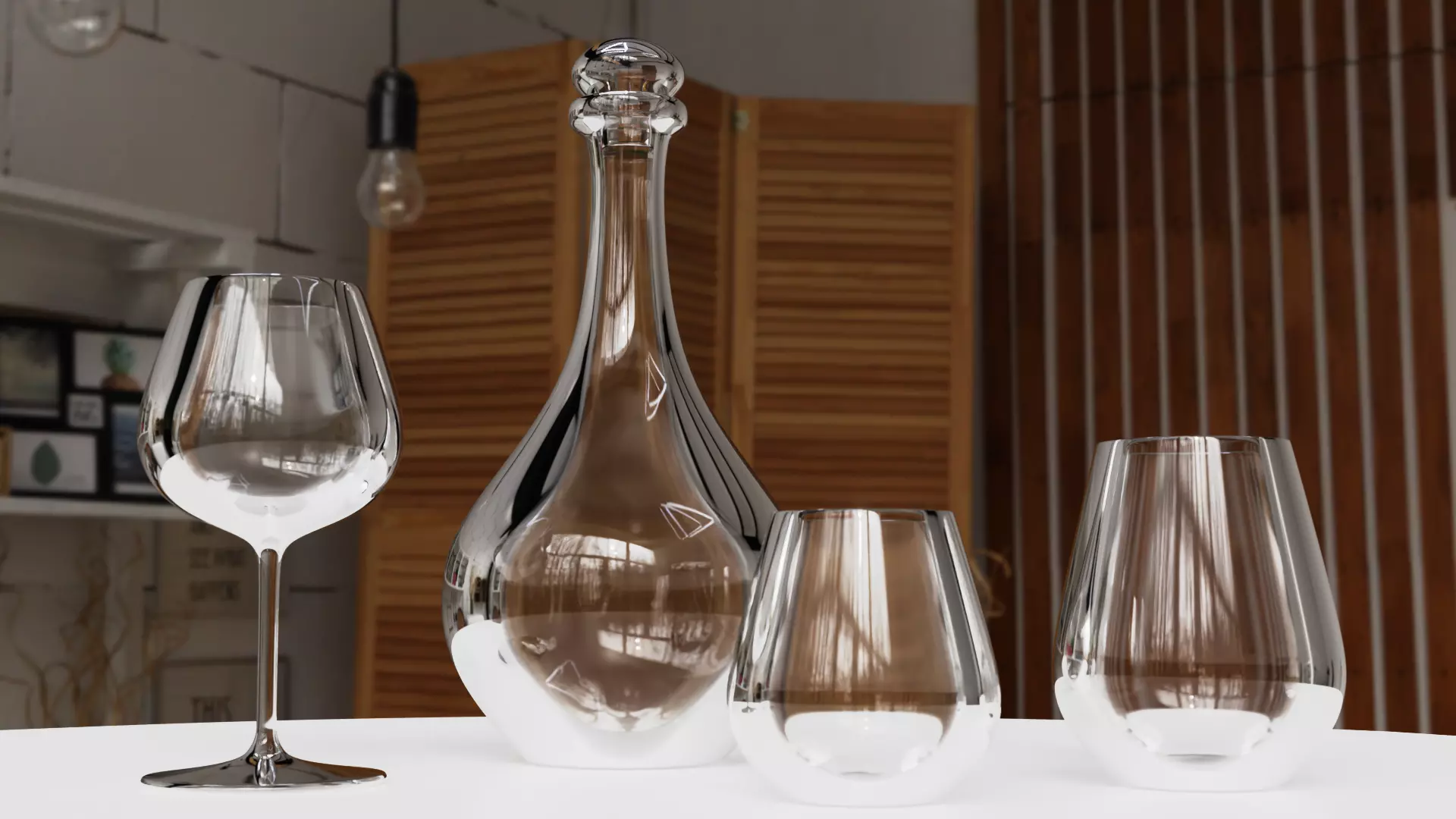 Glass Set wine glasses and decanter on table 3D model_0