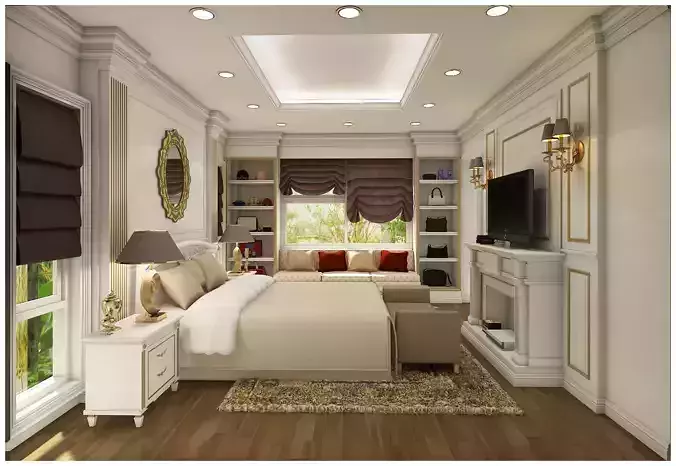 bedroom 7 with bed and fireplace