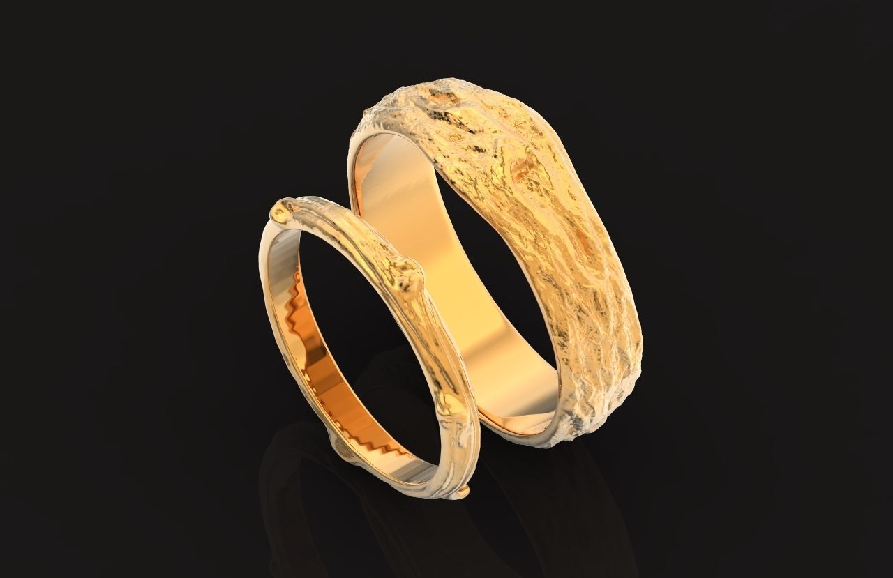 tree wedding male bark ring  and female branch ring 598 3D print model_2