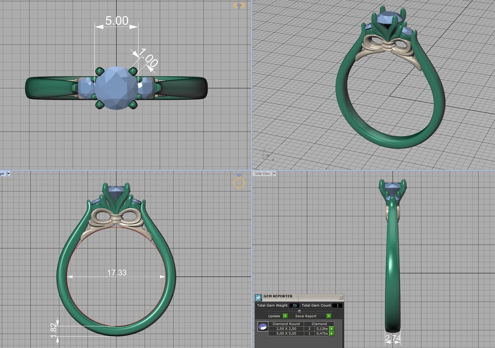 Three Stone Engagement Ring Under Bow Unique Promise Ring  3D print model_6