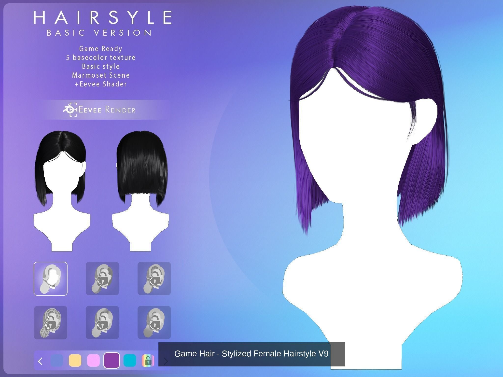 Game Hair - 10 stylized female hairstyles  3D Model Collection_11