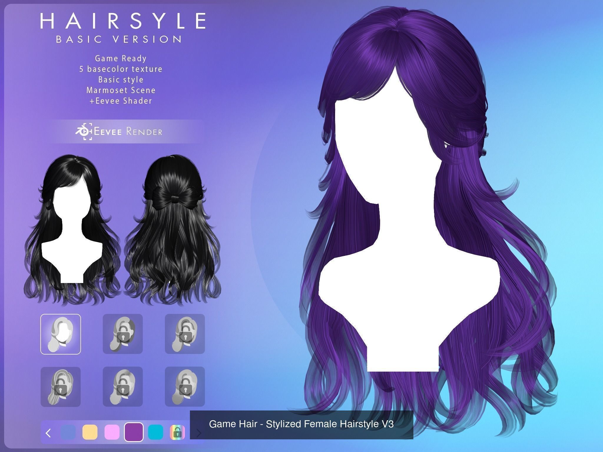 Game Hair - 10 stylized female hairstyles  3D Model Collection_5